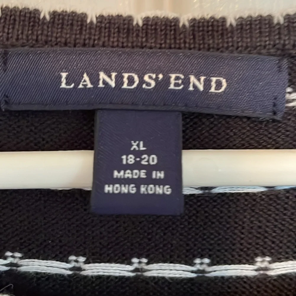 Lands’ End XL black white polka dot sweater vest 100% cotton knit scalloped neck